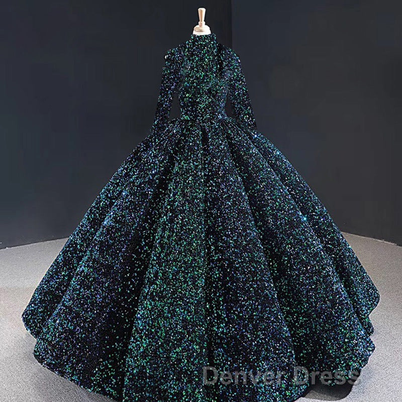 Glitter High Neck Open Back Lace Up Ball Gowns Prom Dresses