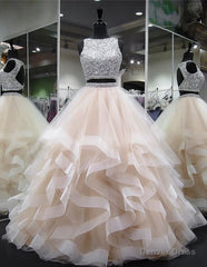 Crop Top Princess Ruffles Skirt Two Piece Prom Dress Long Ball Gown