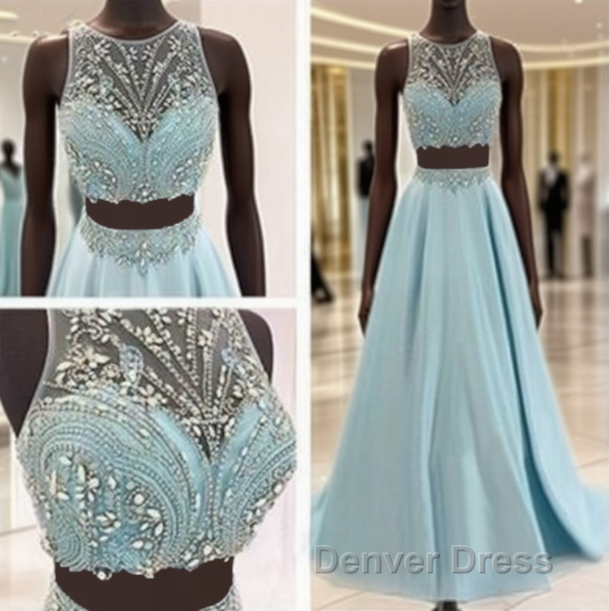 Blue Two Piece Bead Top Ball Gown Prom Dresses Main image