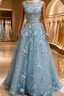 Dusty Blue A-line Backless Prom Dresses Long Dusty Blue Lace Formal Dresses