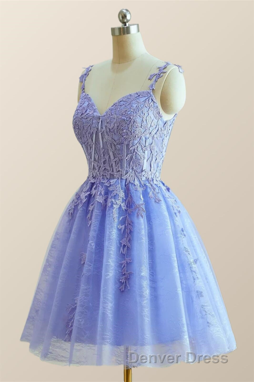 Straps Periwinkle Lace Appliques A Line Short Dresses