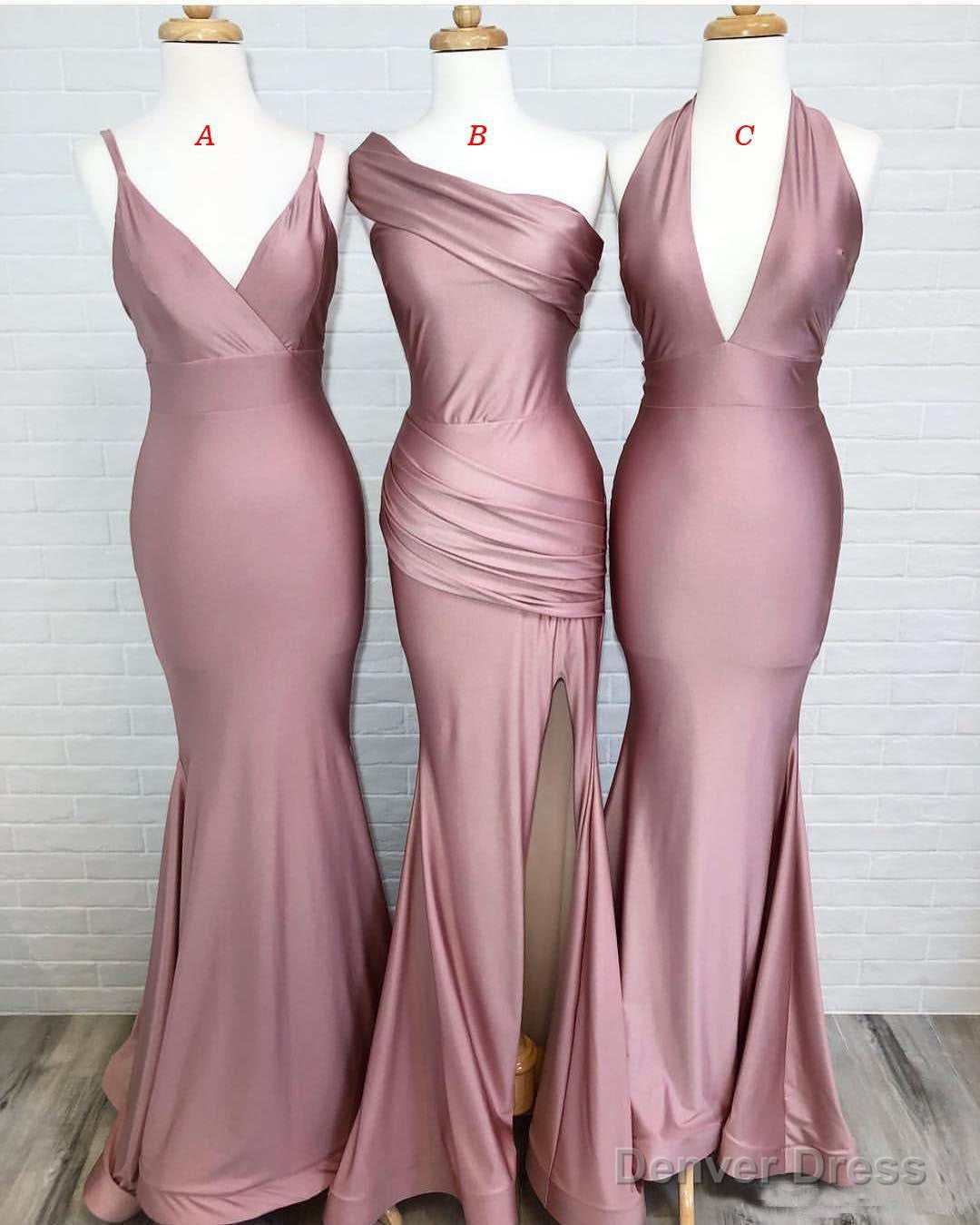 Dusty Rose Mermaid V Neck Split Side Long Prom Gown Bridesmaid Dresses