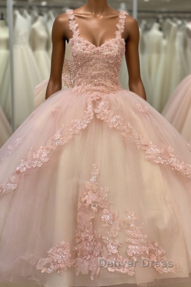 Quinceanera Sweet Tulle Ball Gown 16 Lace Pink Party Flower Sparkly Prom Dresses Main image