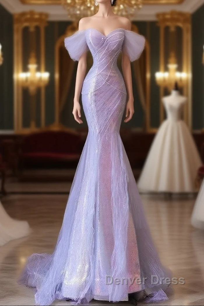 Purple Sweetheart Sequin Beaded Mermaid Long Prom Dresses,Purple Tulle Train Prom Gown Main image