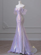 Purple Sweetheart Sequin Beaded Mermaid Long Prom Dresses,Purple Tulle Train Prom Gown