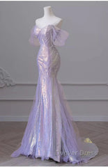 Purple Sweetheart Sequin Beaded Mermaid Long Prom Dresses,Purple Tulle Train Prom Gown