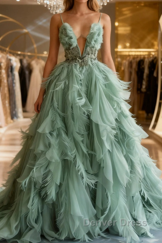 Mint Green A-line Spaghetti Strap Tulle Long Prom Dresses, Elegant Evening Dresses Main image