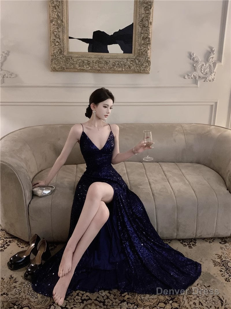 Navy Blue Spaghetti Strap A-Line V-Neck Sequined Long Prom Dress, Adult Ceremony Graduation Evening dress