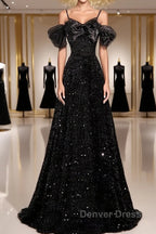 A-Line Off Shoulder Velvet Sequin Long Black Prom Dresses, Black Long Evening Dresses