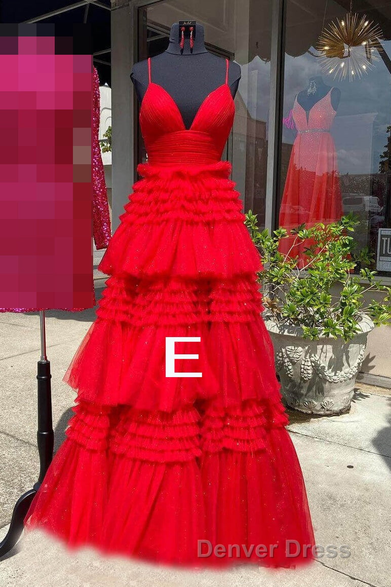 Sparkly Spaghetti Straps Tiered Tulle Prom Dresses, New Long Party Gown Main image