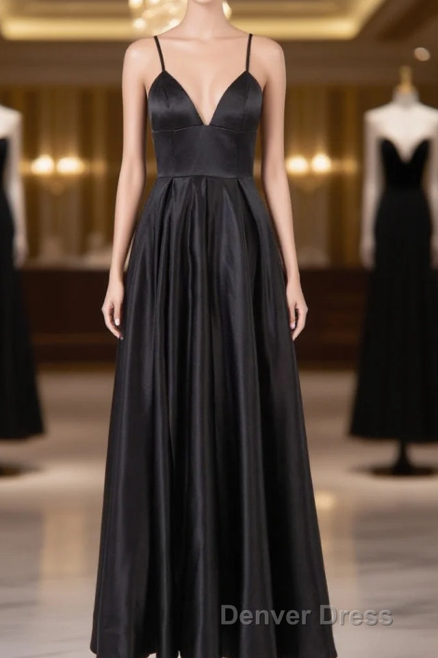 Elegant A Line Satin Spaghetti Straps Long Prom Dresses Main image