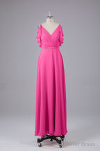 Elegant Chiffon Straps V Back Long Bridesmaid Dresses