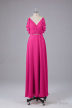 Elegant Chiffon Straps V Back Long Bridesmaid Dresses
