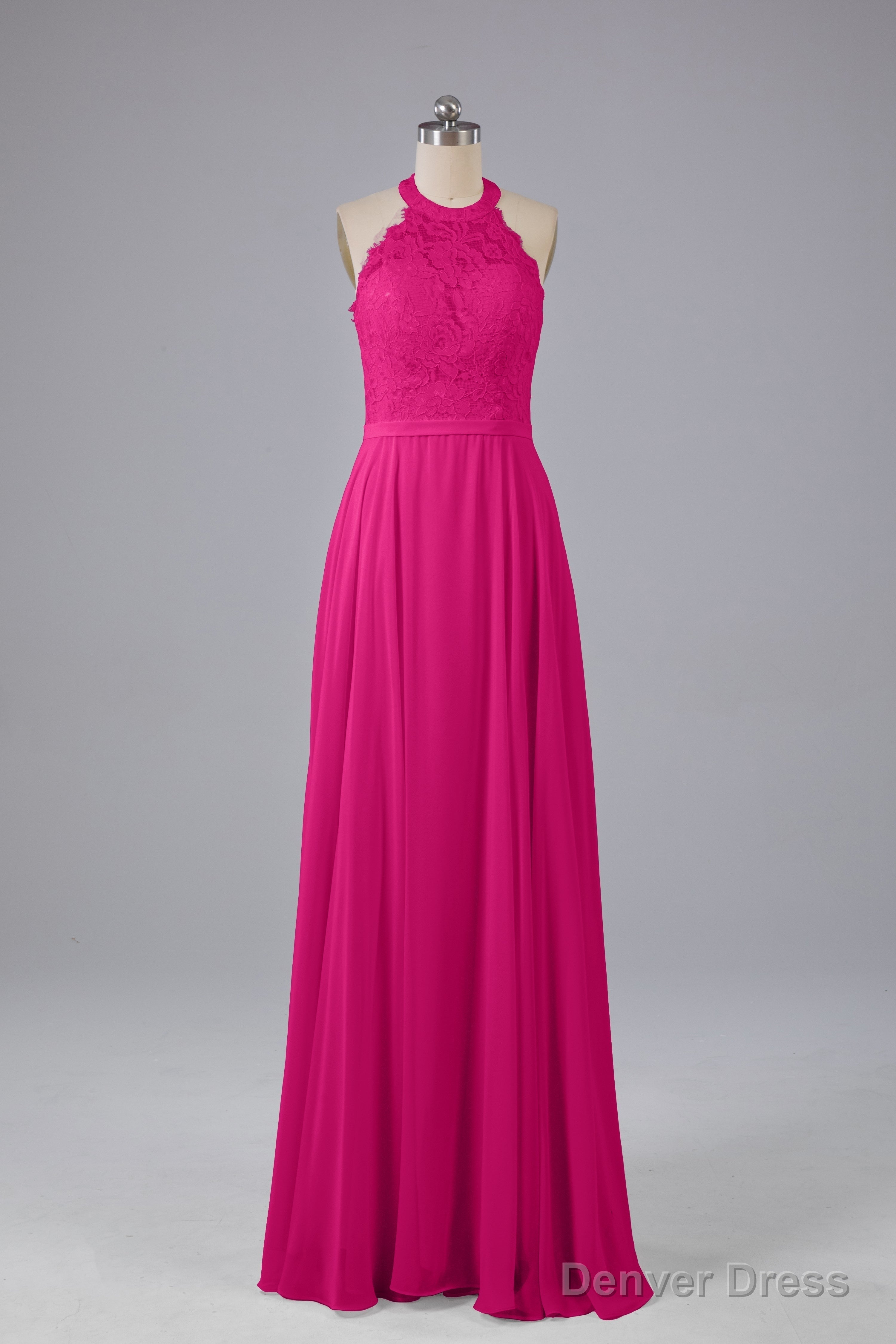 Elegant Halter Illusion Lace Floor Length Bridesmaid Dresses