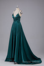 Elegant Open Back Spaghetti Straps Sweep Train Long Prom Dresses