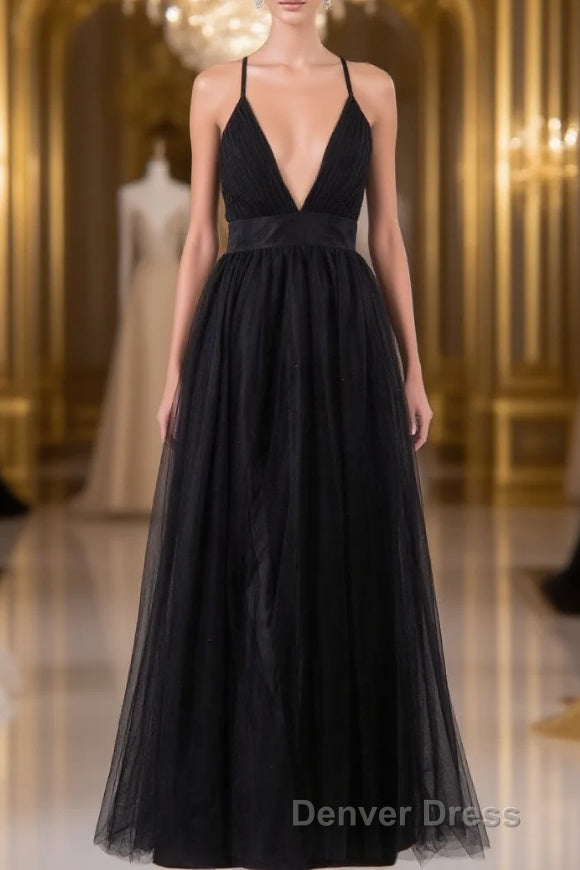 Elegant Tulle Spaghetti Straps Backless Floor Length Prom Dresses Main image