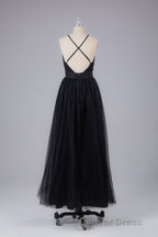 Elegant Tulle Spaghetti Straps Backless Floor Length Prom Dresses