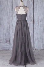 Elegant Grey Long Tulle Bridesmaid Dresses with Keyhole Back