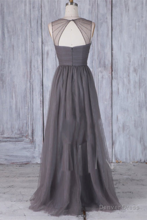 Elegant Grey Long Tulle Bridesmaid Dresses with Keyhole Back