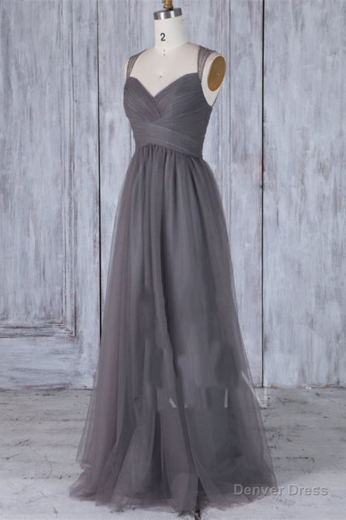 Elegant Grey Long Tulle Bridesmaid Dresses with Keyhole Back Main image