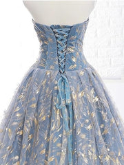 Elegant A Line Blue Tulle Long Strapless Lace Up Gold Evening Dress, Prom Dresses, Js223