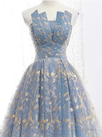 Elegant A Line Blue Tulle Long Strapless Lace Up Gold Evening Dress, Prom Dresses, Js223