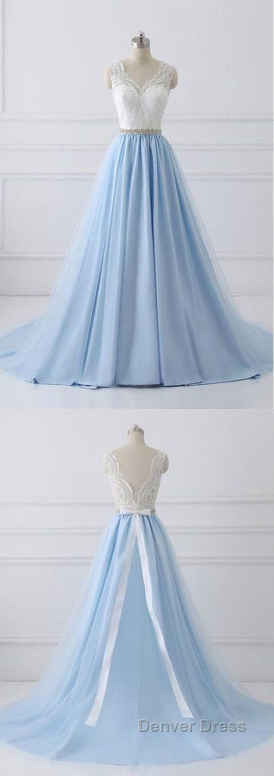 Elegant Long Blue Prom Dresses with White Lace Top | Senior School Formal Dresses