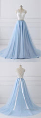 Elegant Long Blue Prom Dress with White Lace Top | Senior School Formal Dress