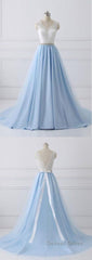 Elegant Long Blue Prom Dresses with White Lace Top | Senior School Formal Dresses