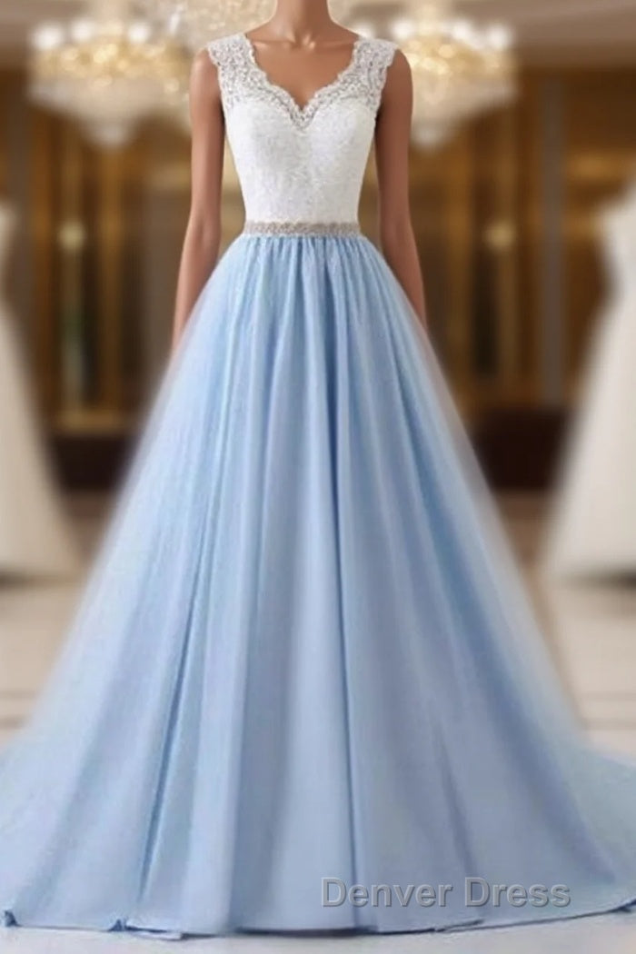 Elegant Long Blue Prom Dresses with White Lace Top | Senior School Formal Dresses Main image