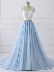 Elegant Long Blue Prom Dress with White Lace Top | Senior School Formal Dress