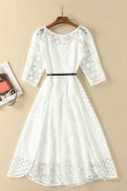 Elegant White Half Sleeve Lace Round Neck Homecoming Dress, Belt Ankle Knee Prom Dresses, H1127