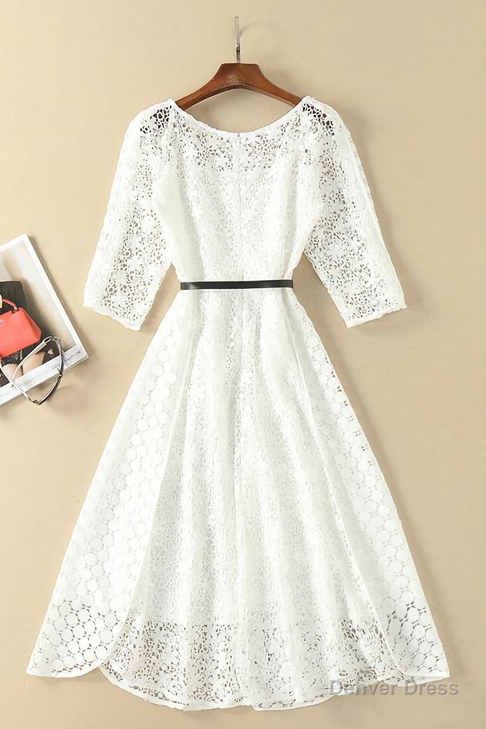 Elegant White Half Sleeve Lace Round Neck Homecoming Dress, Belt Ankle Knee Prom Dresses, H1127