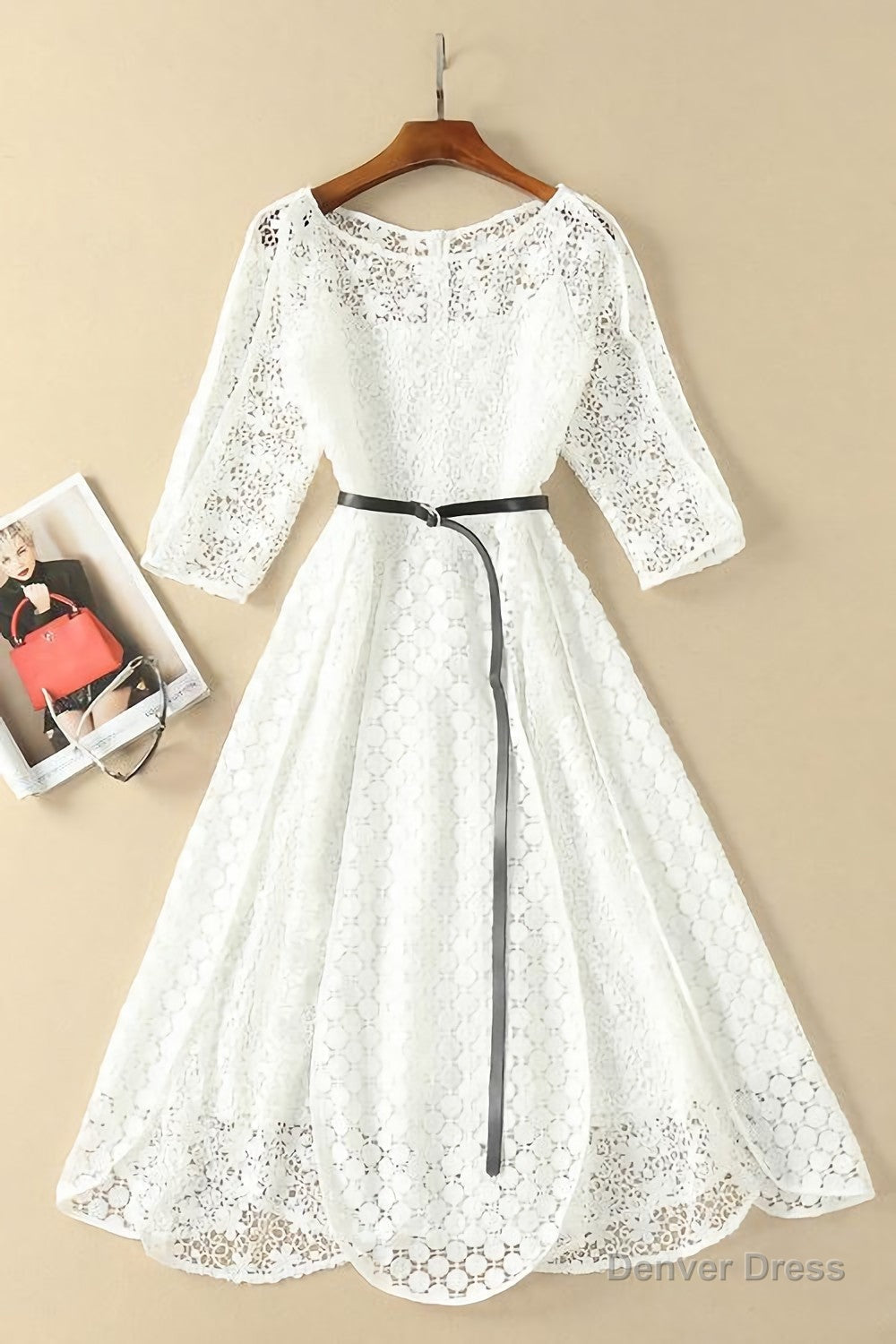 Elegant White Half Sleeve Lace Round Neck Homecoming Dress, Belt Ankle Knee Prom Dresses, H1127 Secondary image