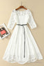 Elegant White Half Sleeve Lace Round Neck Homecoming Dress, Belt Ankle Knee Prom Dresses, H1127
