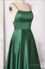 Emerald Green Prom Dresses, Strappy Back Slit Simple Satin Prom Dress