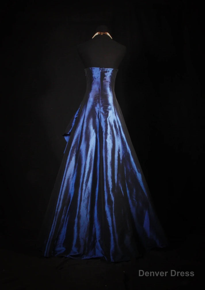 Vintage Ball Gowns Strapless Navy Blue Satin Long Prom Dress