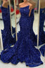 Strapless Royal Blue Sequins Mermaid Long Formal Dresses