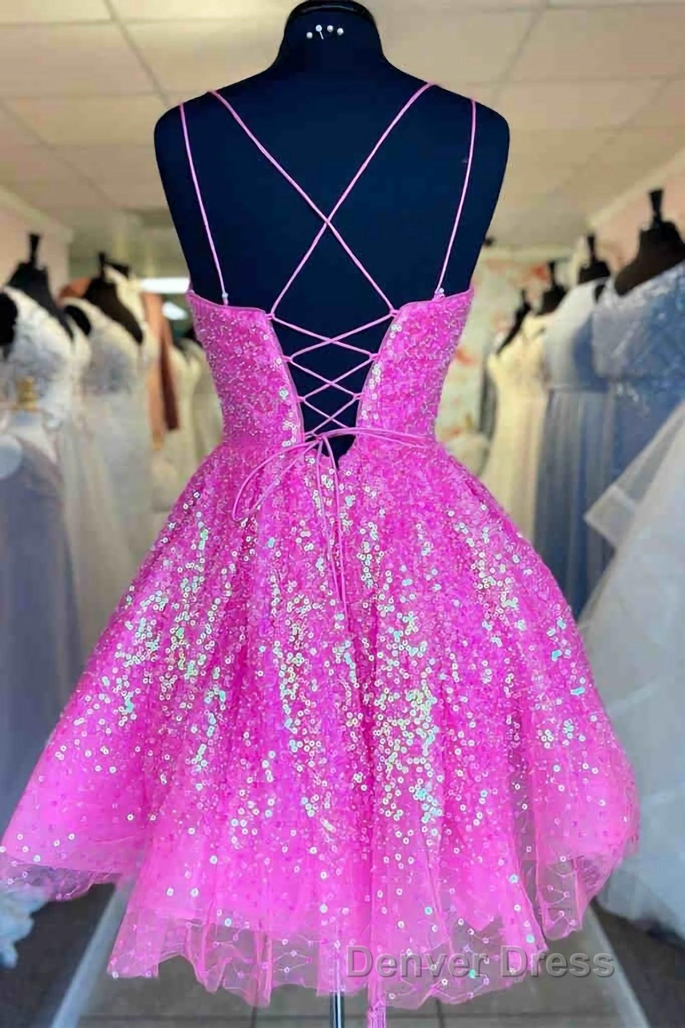 Cute Hot Pink Sequins A-Line Homecoming Dresses Hoco Night Dresses