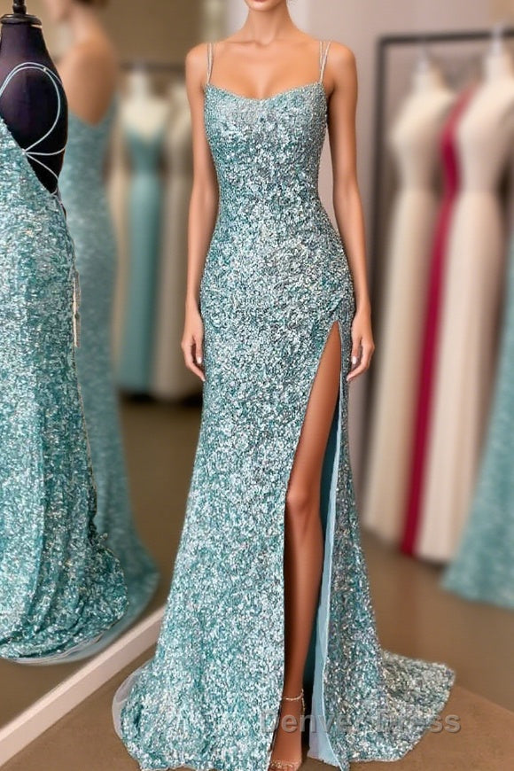 Sparkle Tiffany Blue Sequins Long Prom Dresses with Slit Main image
