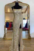 Sparkle Tiffany Blue Sequins Long Prom Dresses with Slit