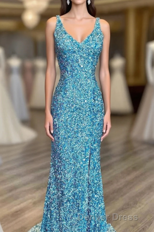 Glitter V-Neck Tiffany Blue Mermaid Prom Dreess