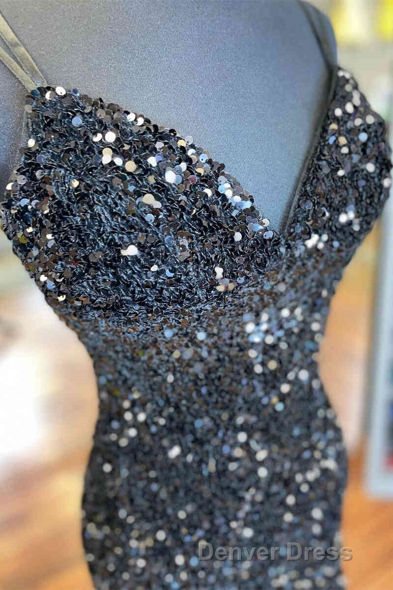 Cirss Cross Straps Black Sequined Homecoming Dresses