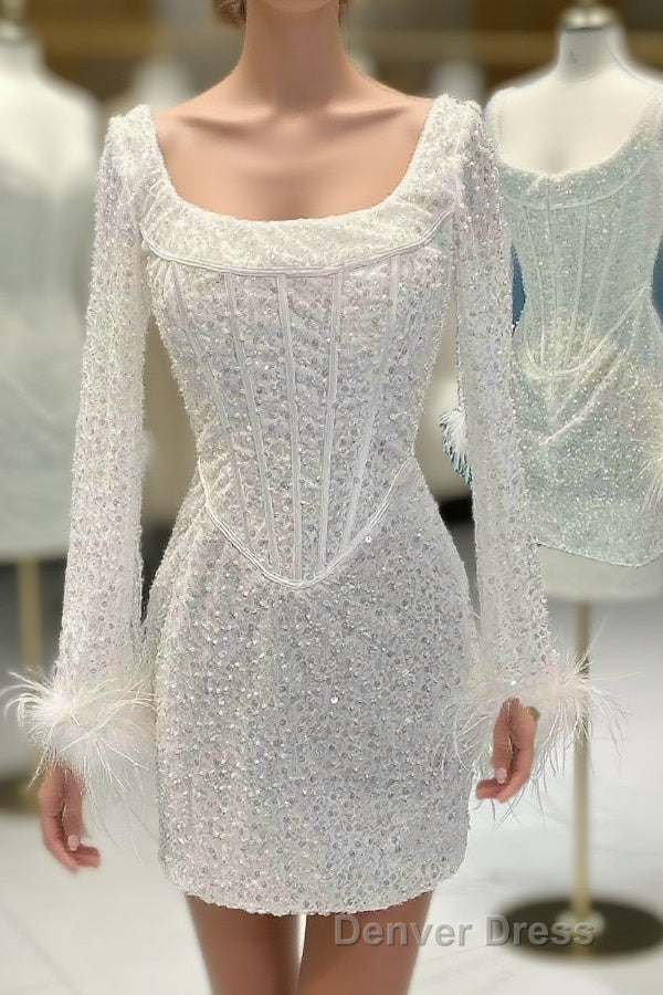 White Sequins Tight Homecoming Dresses with Long Sleeves Main image