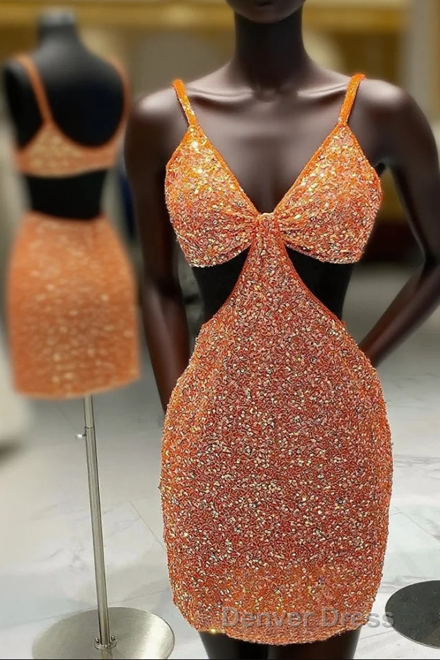 Cut Out Waist Orange Beaded Mini Homecoming Dresses