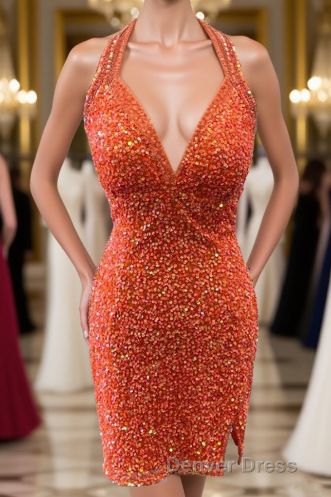 Halter Orange Sequins Bodycon Homecoming Dresses with Tassel Main image
