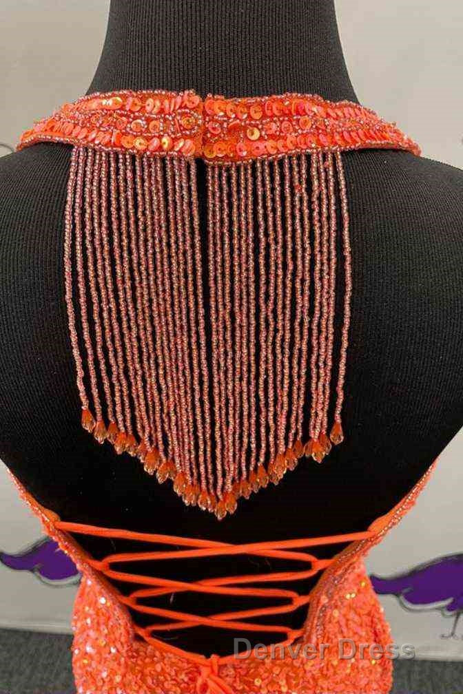 Halter Orange Sequins Bodycon Homecoming Dresses with Tassel Secondary image