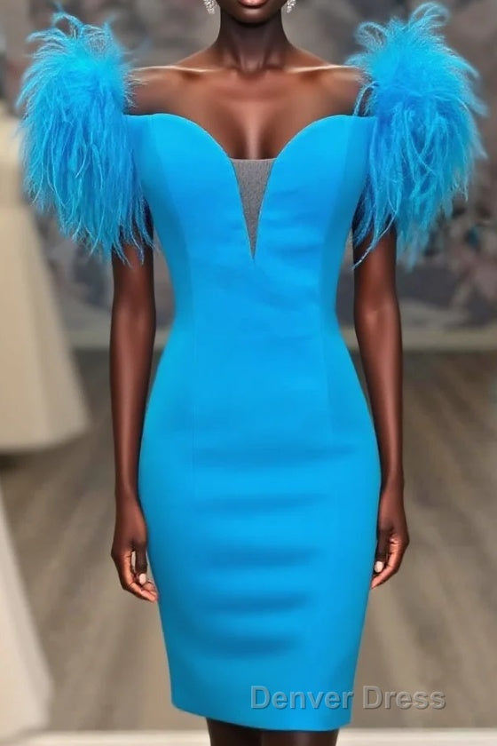 Fitted Feather Shoulder Blue Tight Homecoming Dresses Main image