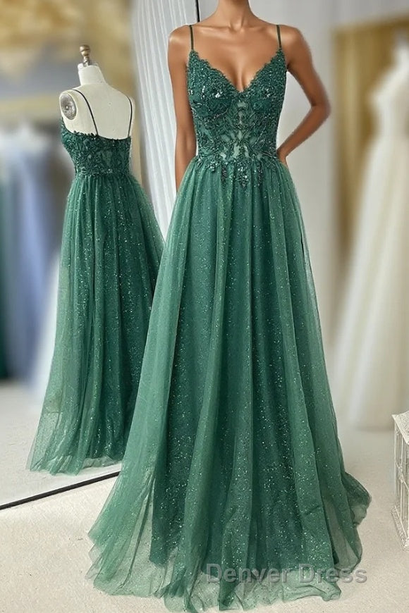 Hunter Green A-line Beaded Applique Straps Tulle Long Prom Dresses Main image