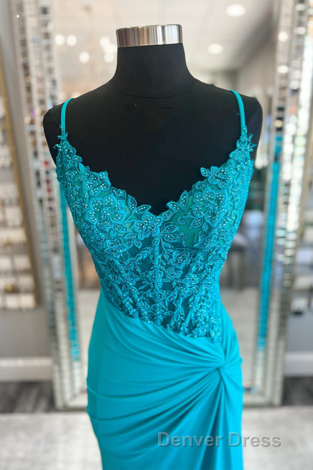 Jade Appliques Straps Twist Knot Mermaid Satin Long Prom Dresses Secondary image